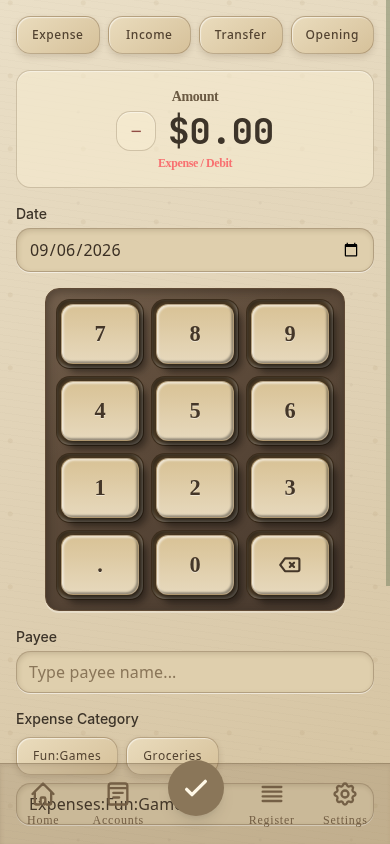 LedgerKeep Campaign mobile quick entry for expenses, income, transfers, and opening balances
