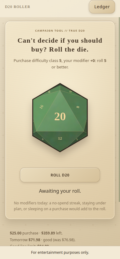 Pocket Nerd Campaign theme showing its D20 purchase decision game and the budget facts below