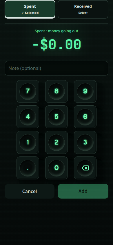 Pocket Nerd HUD quick entry with Spent clearly selected and a three-column keypad