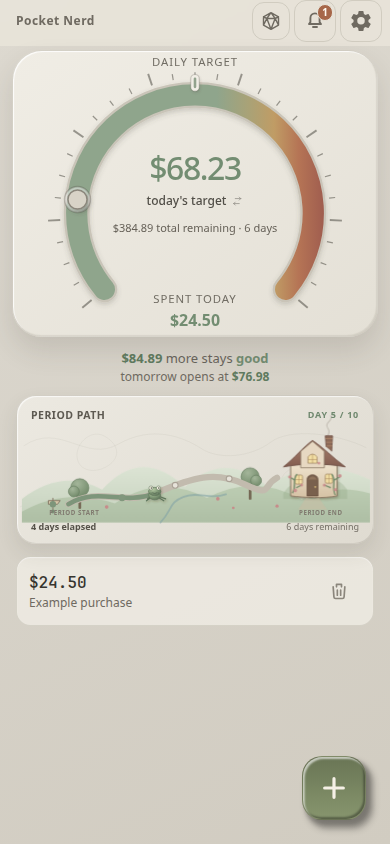 Pocket Nerd in Tranquil mode showing today's target, remaining money, and a journey toward period end