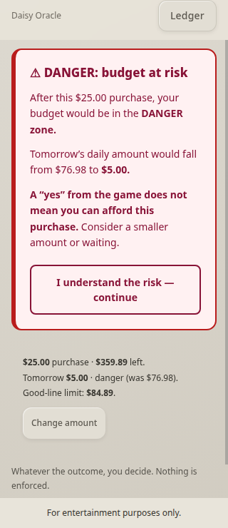 Pocket Nerd danger warning explaining the projected budget impact before a game can begin