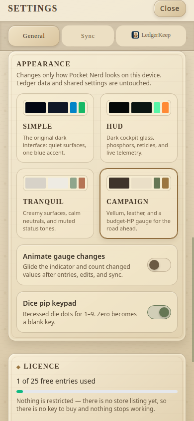Pocket Nerd appearance screen offering Simple, HUD, Tranquil, and Campaign themes